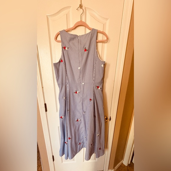 Tahari Blue & White Vertical Striped Sleeveless Dress with Floral Embroidery - Picture 2 of 10